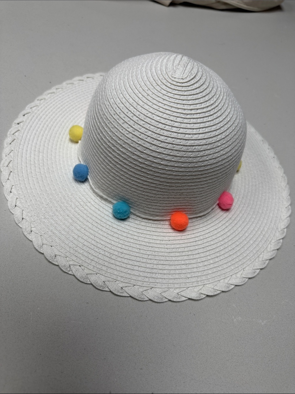 White Kids Sun Hat with Colorful Pom-Poms - never worn